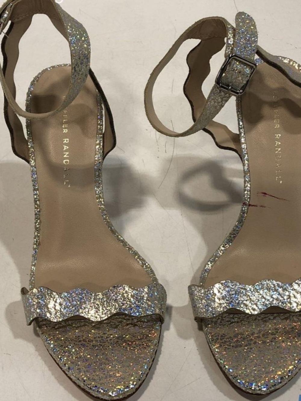 Women’s Loeffler Randall Silver Glitter Leather High Heel Sandals Size 7B